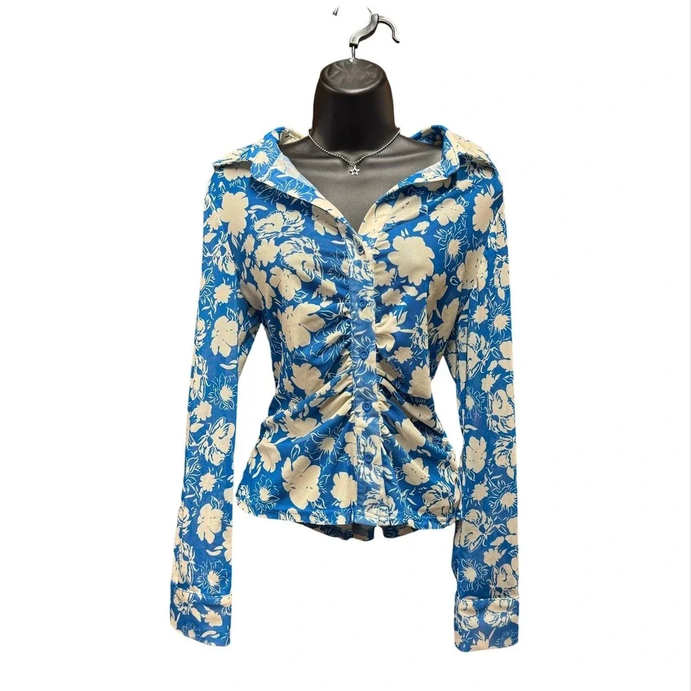 Y2K Mesh Rouched Button Top - Large - Blue and Offwhite Flowers Rave Festival - Picture 1 of 10